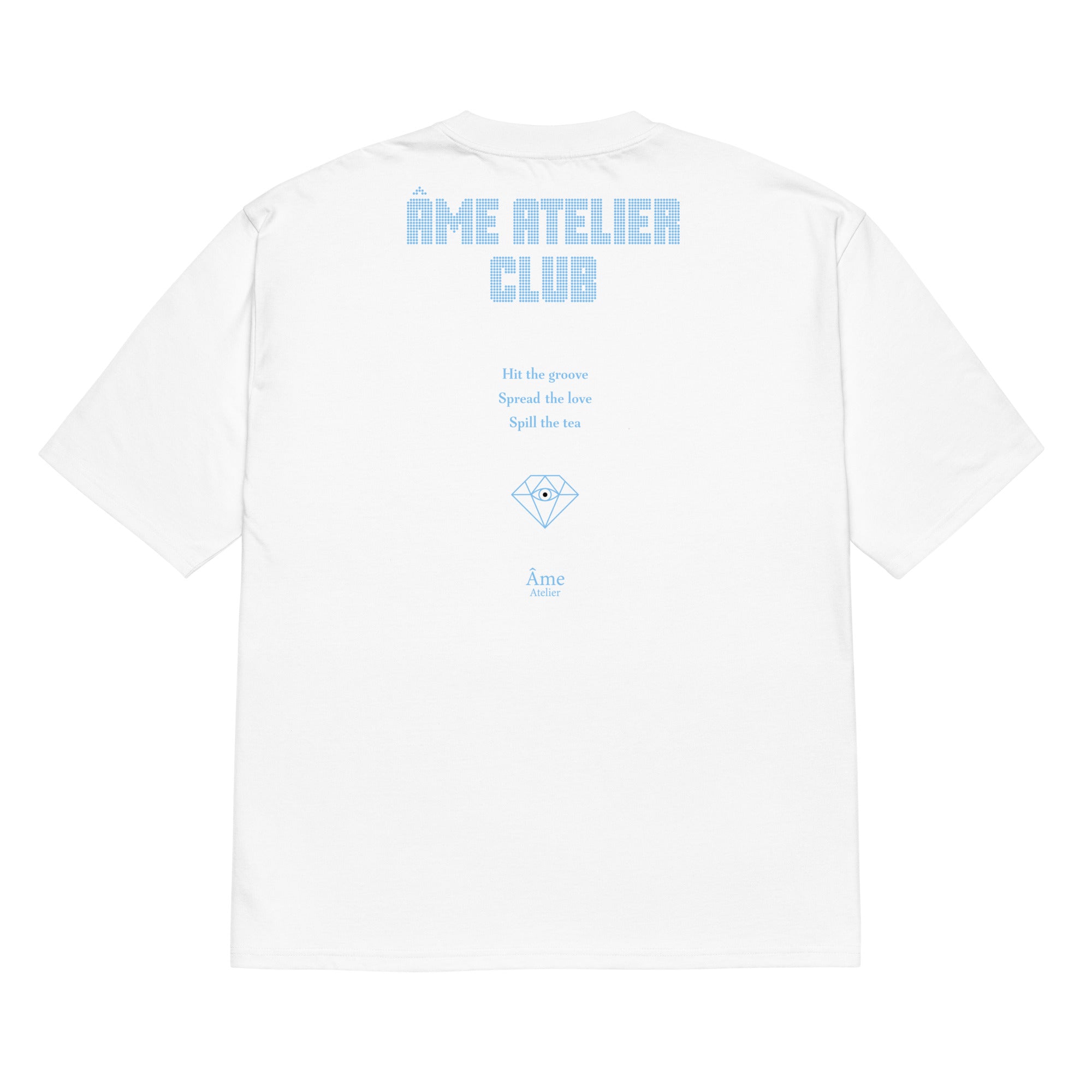 Back view of Âme Atelier Club oversized t-shirt in white with frozen blue details