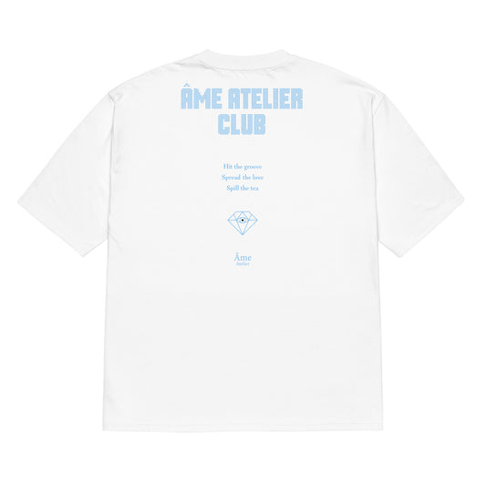 Back view of Âme Atelier Club oversized t-shirt in white with frozen blue details
