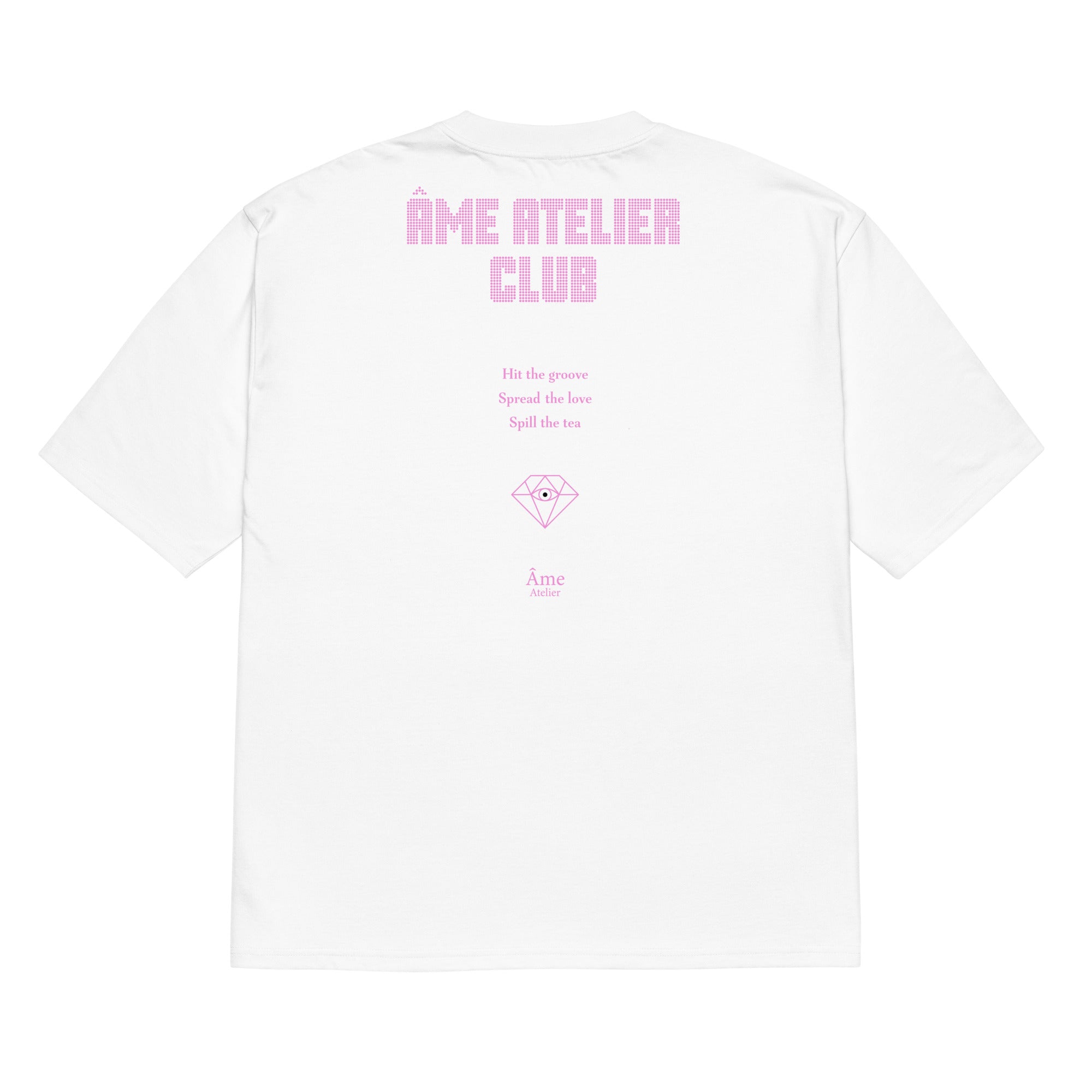 Back view of Âme Atelier Club oversized t-shirt in white with powder pink details