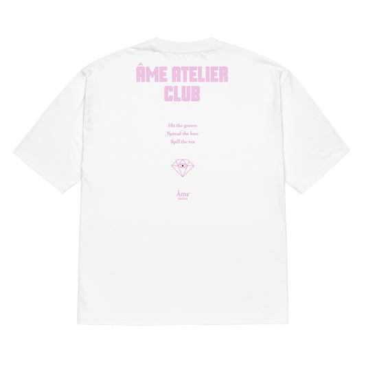Back view of Âme Atelier Club oversized t-shirt in white with powder pink details