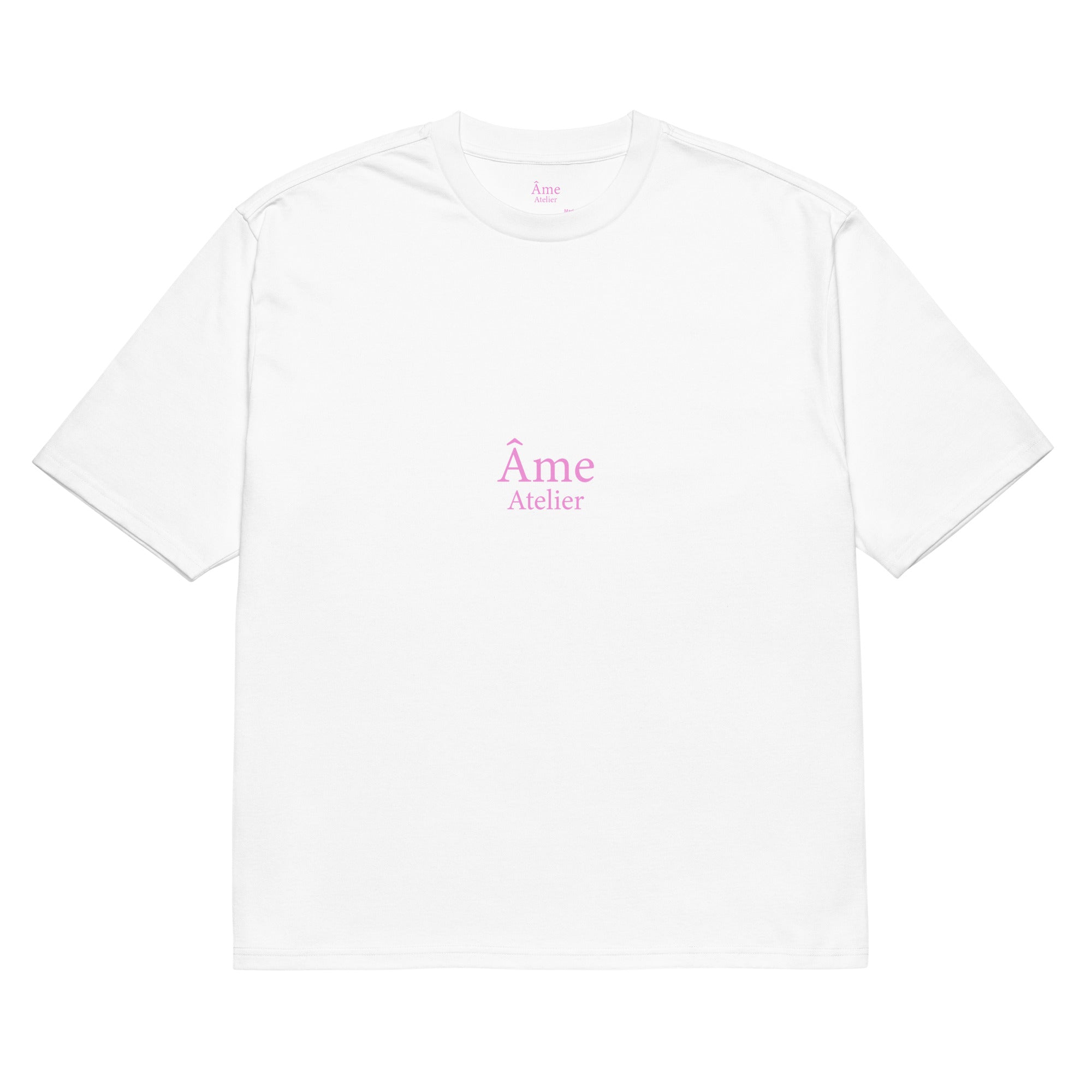 Front view of Âme Atelier Club oversized t-shirt in white with powder pink details