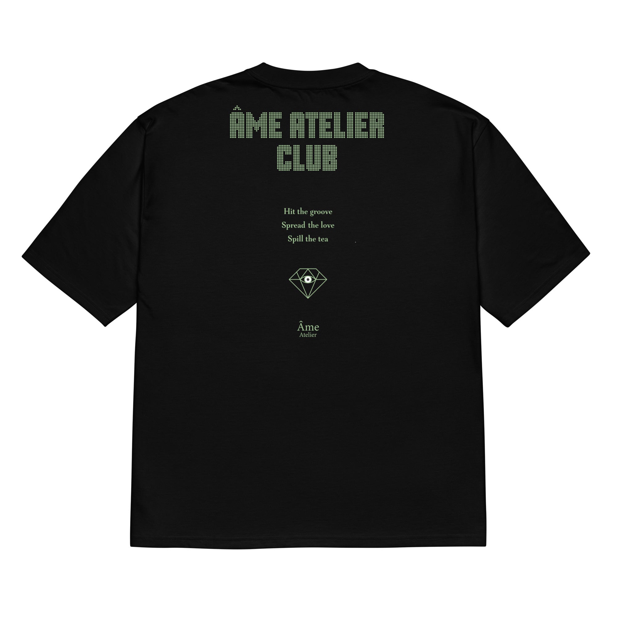 Back view of Âme Atelier Club oversized t-shirt in black with pistachio details