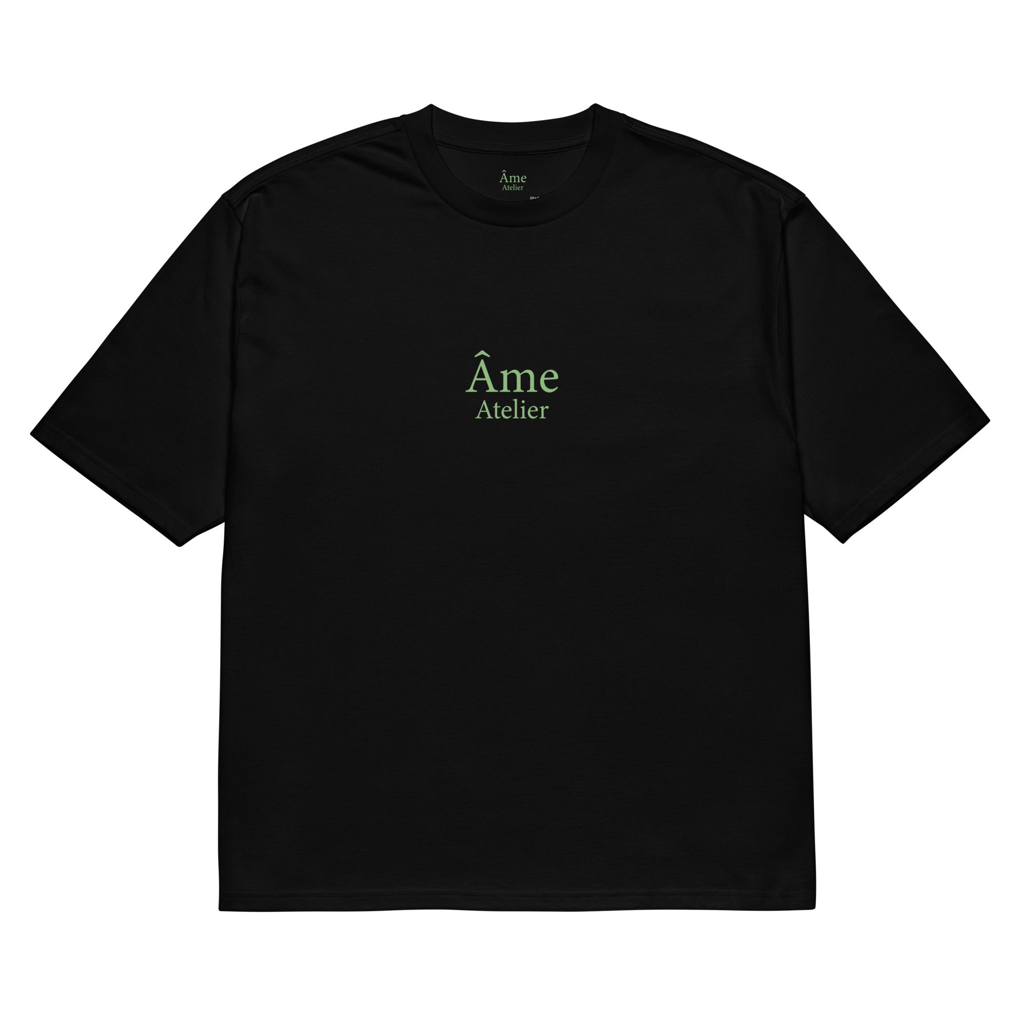 Front view of Âme Atelier Club oversized t-shirt in black with pistachio details