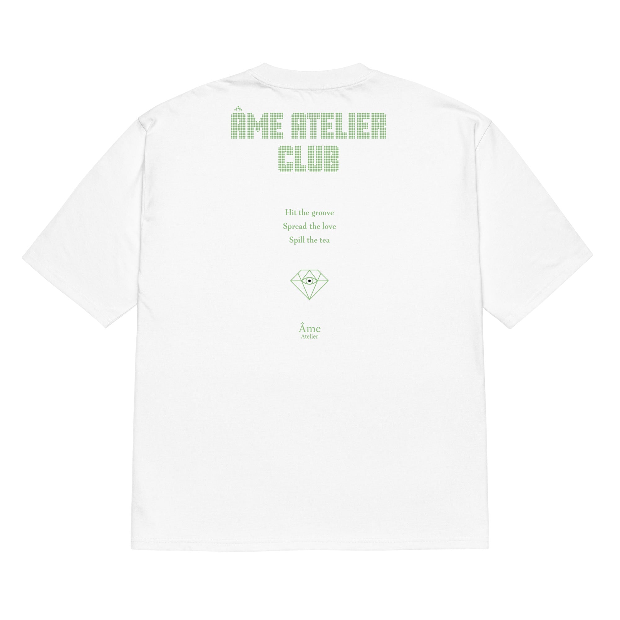 Back view of Âme Atelier Club oversized t-shirt in white with pistachio details