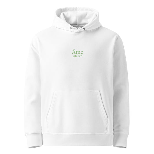 Front view of Âme Atelier Club organic cotton hoodie in white with pistachio details