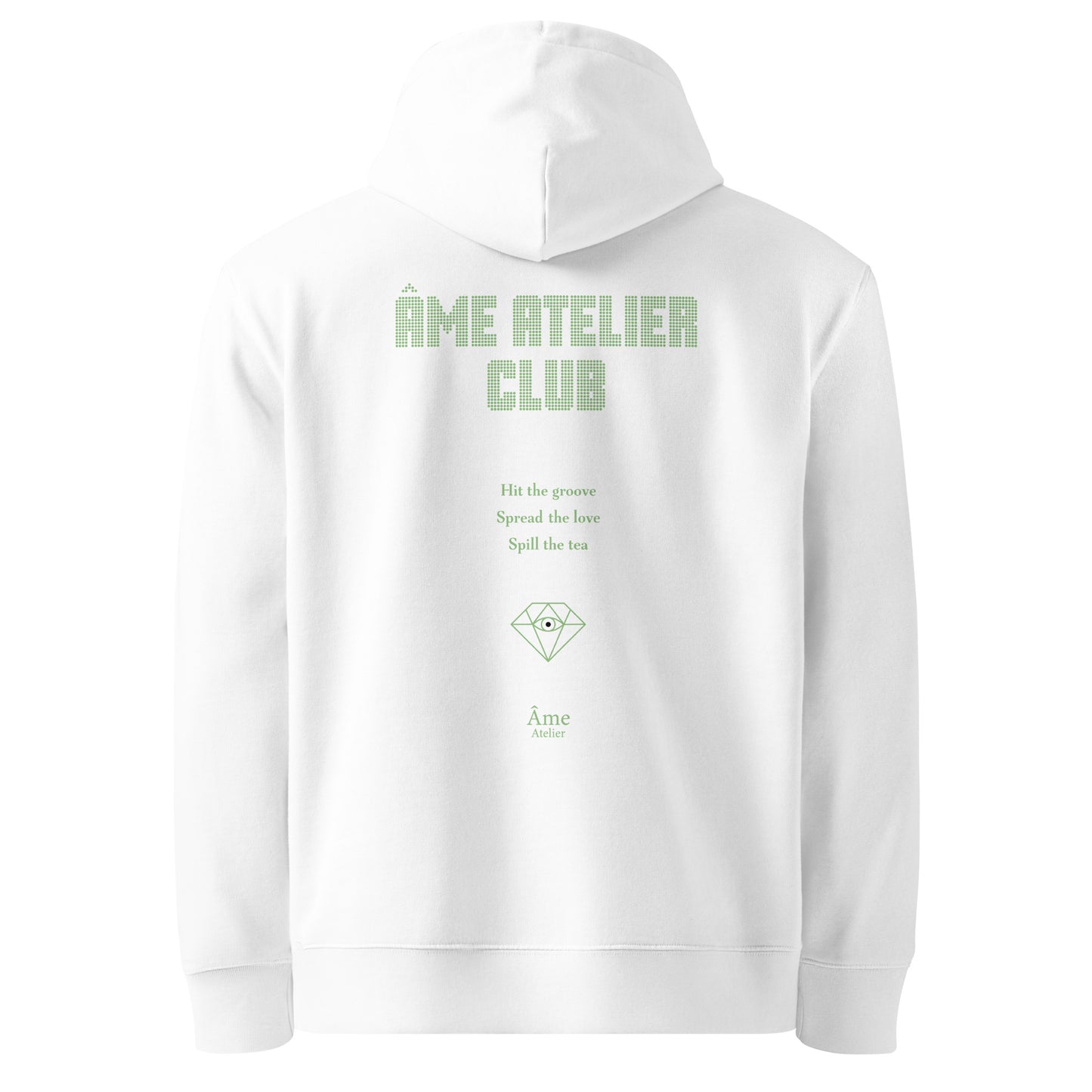 Back view of Âme Atelier Club organic cotton hoodie in white with pistachio details