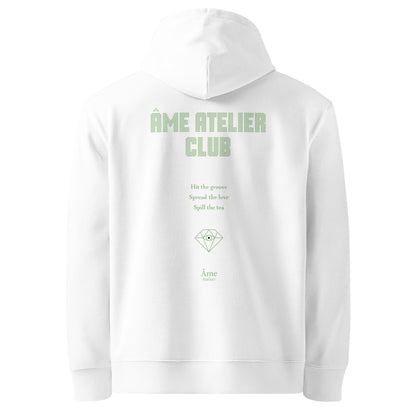 Back view of Âme Atelier Club organic cotton hoodie in white with pistachio details
