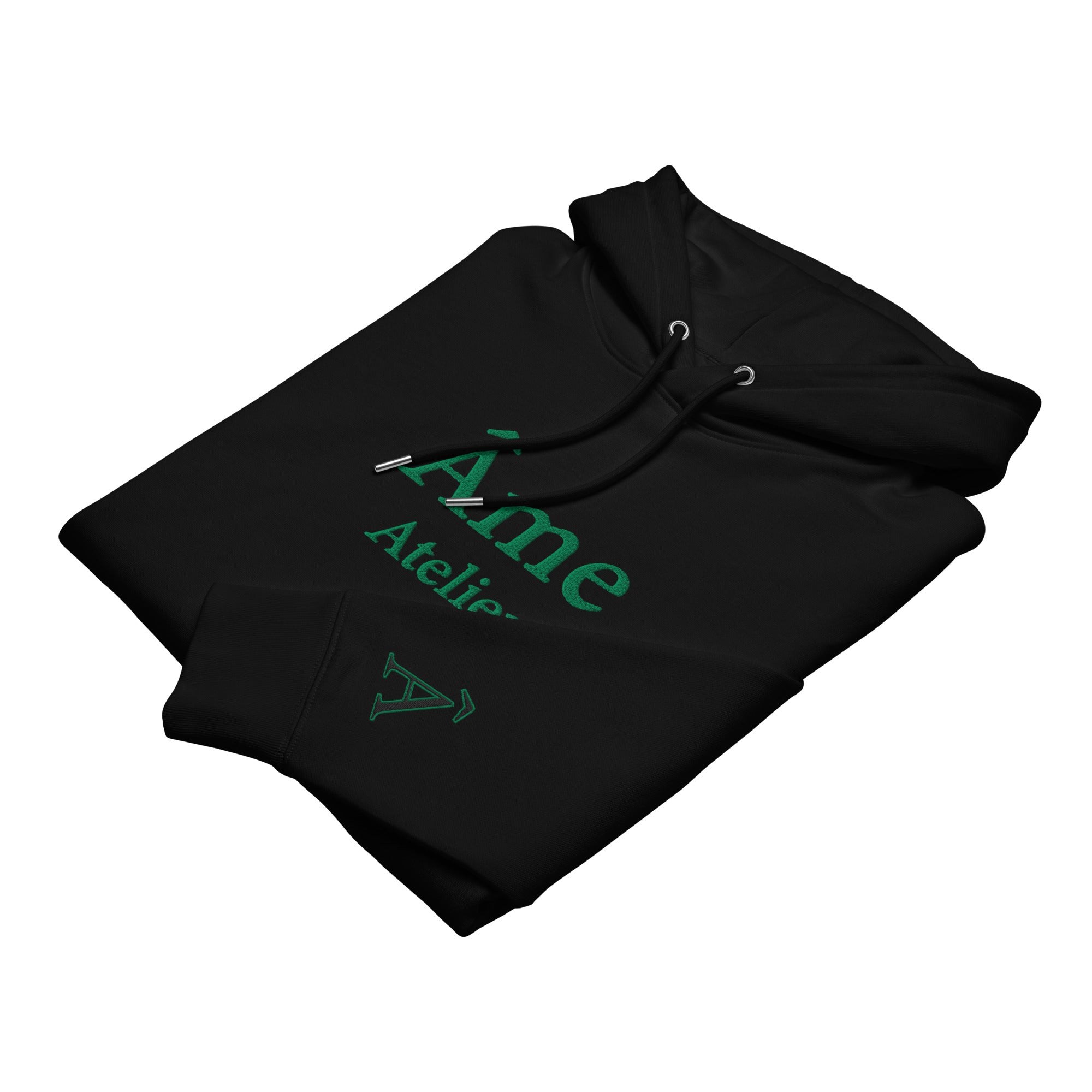 Folded view of Âme Atelier embroidered hoodie in black