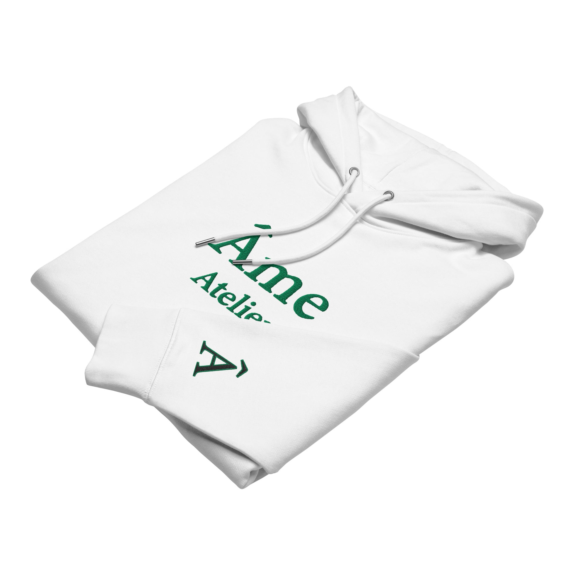 Folded view of Âme Atelier embroidered hoodie in white