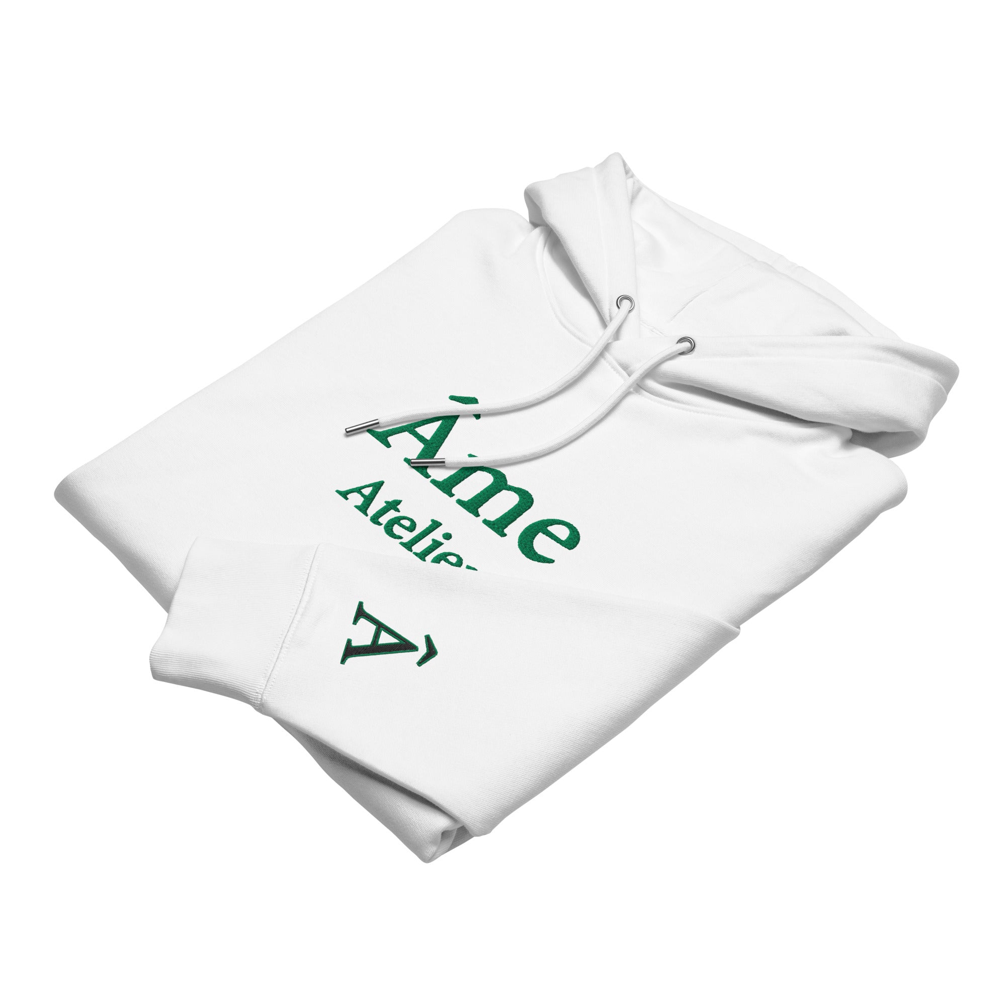 Folded view of Âme Atelier embroidered hoodie in white