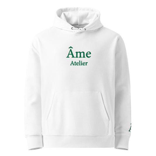 Front view of Âme Atelier embroidered hoodie in white