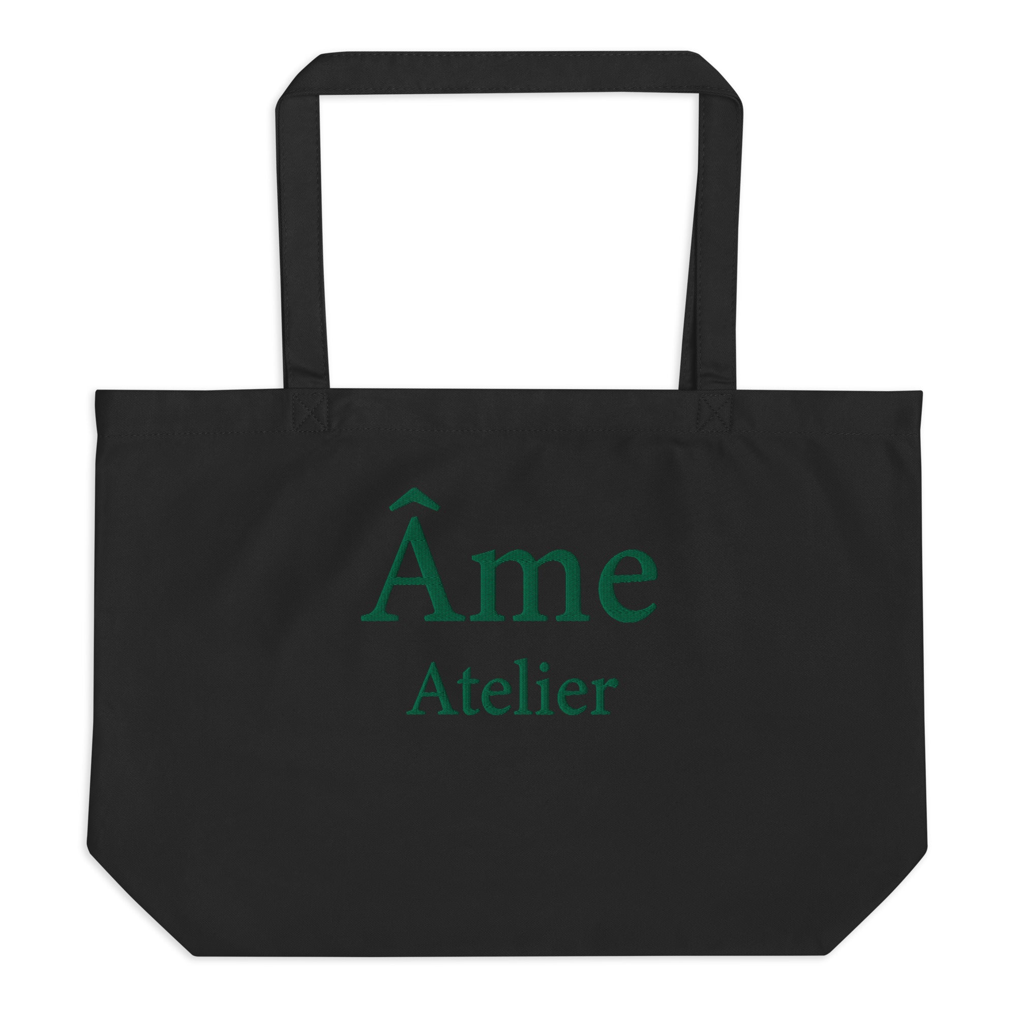 Front view of Âme Atelier embroidered large tote bag in black