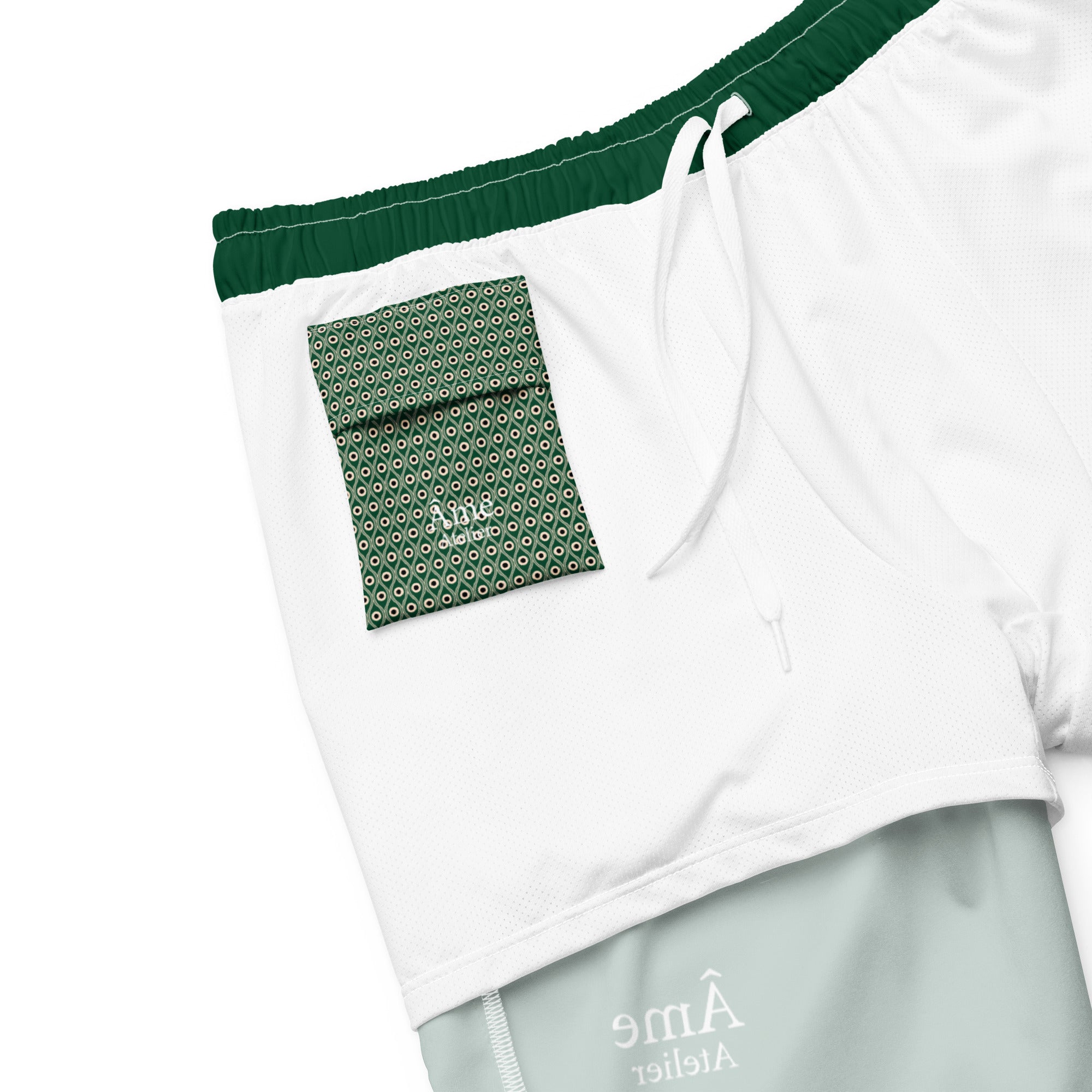 Inside pocket of Âme Atelier swimming shorts in abyss green