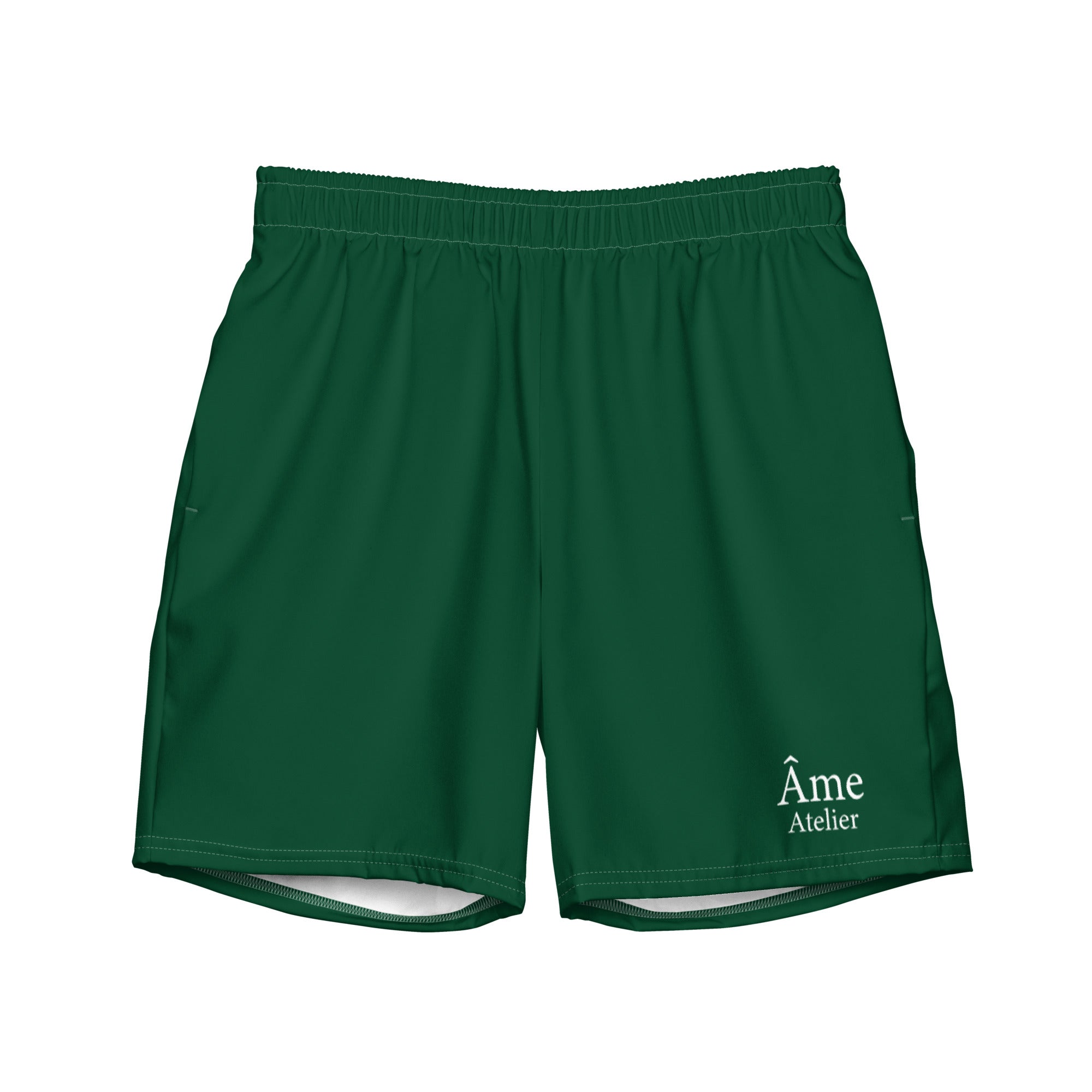 Front view of Âme Atelier swimming shorts in abyss green