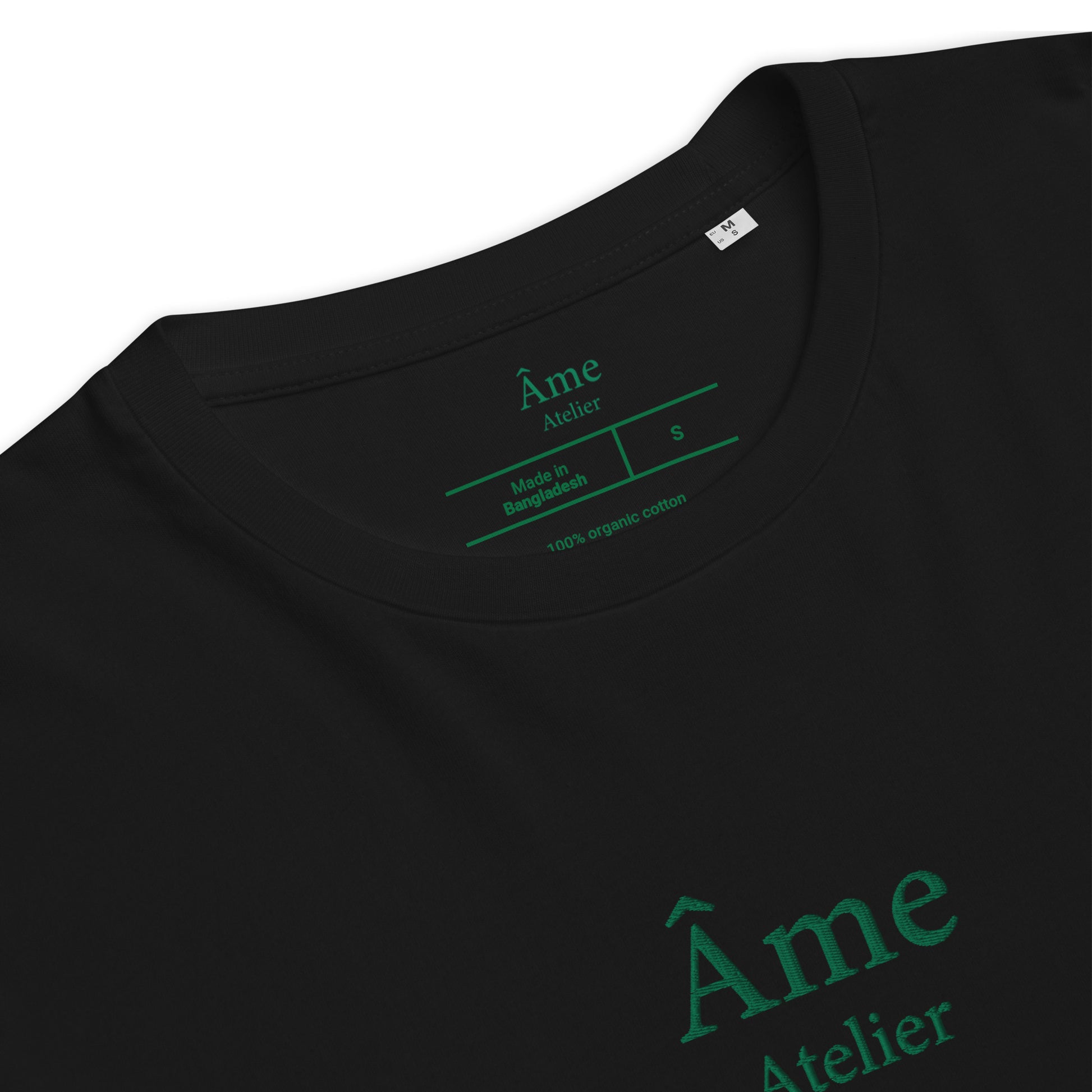 Close up of Âme Atelier embroidered t-shirt in black