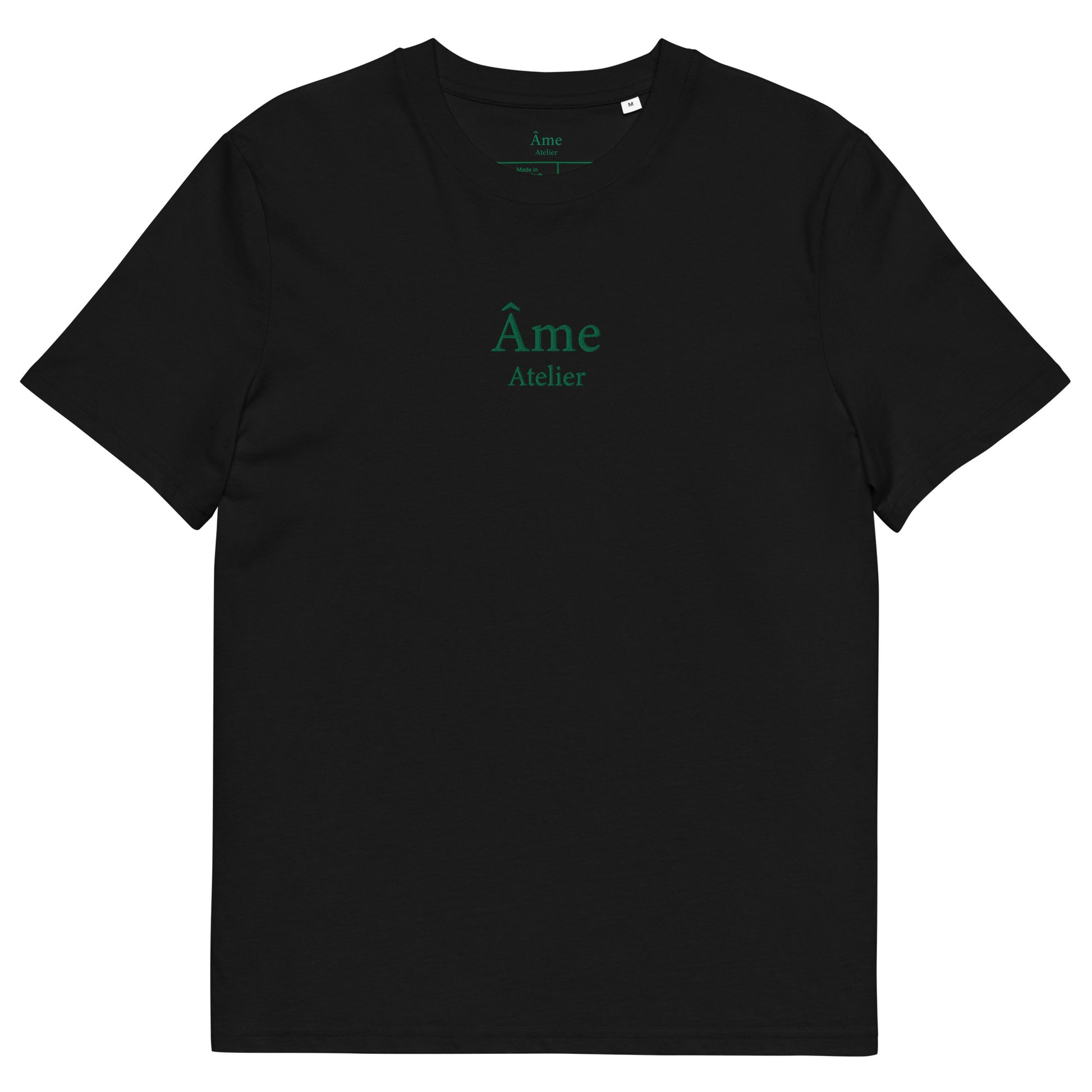 Front view of Âme Atelier embroidered t-shirt in black