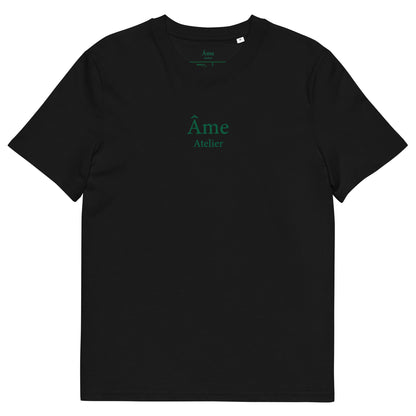 Front view of Âme Atelier embroidered t-shirt in black