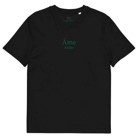Front view of Âme Atelier embroidered t-shirt in black
