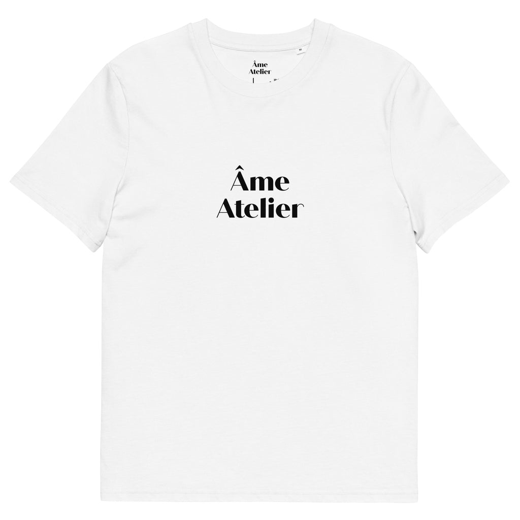 Front view of Âme Atelier signature white t-shirt in organic cotton