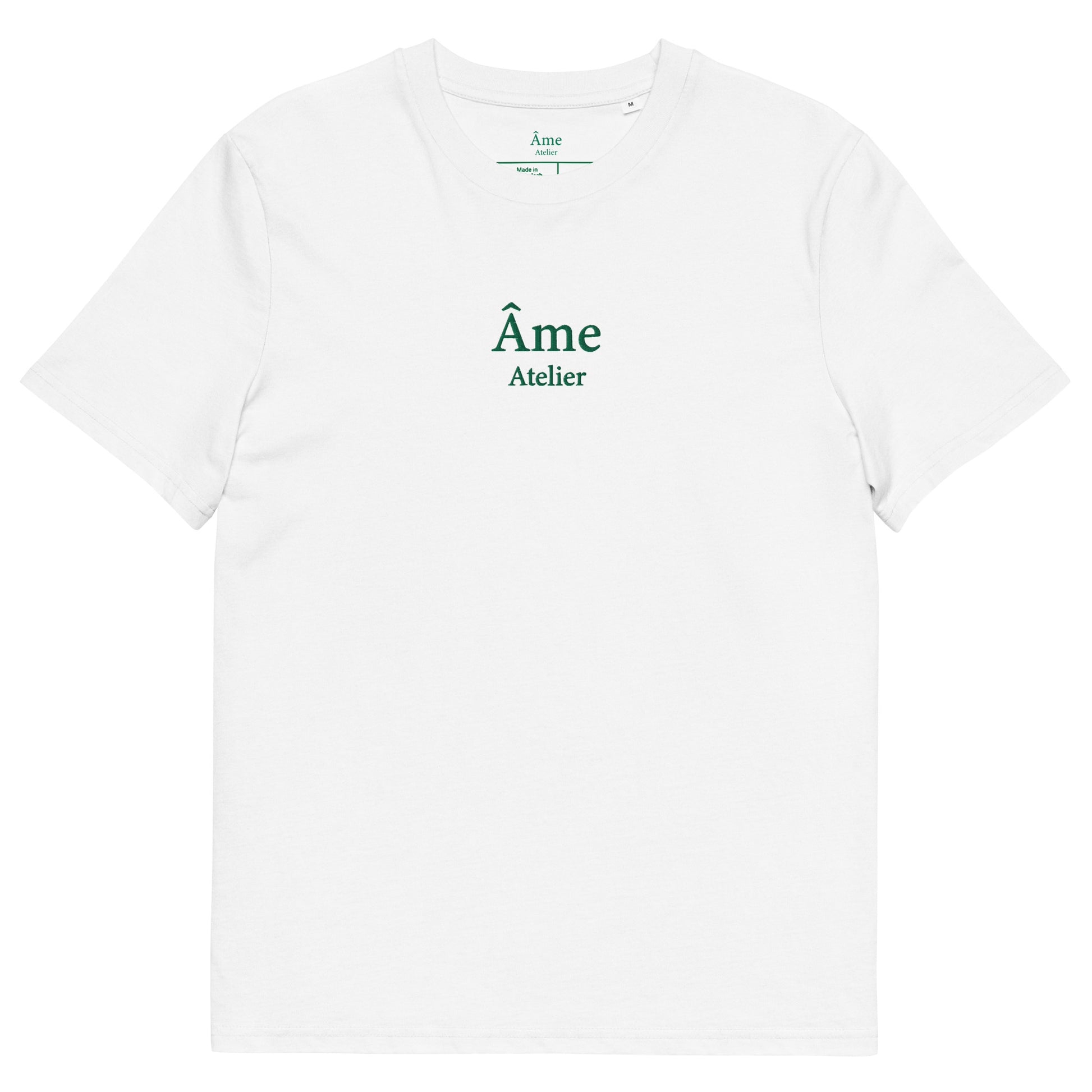 Front view of Âme Atelier embroidered t-shirt in white