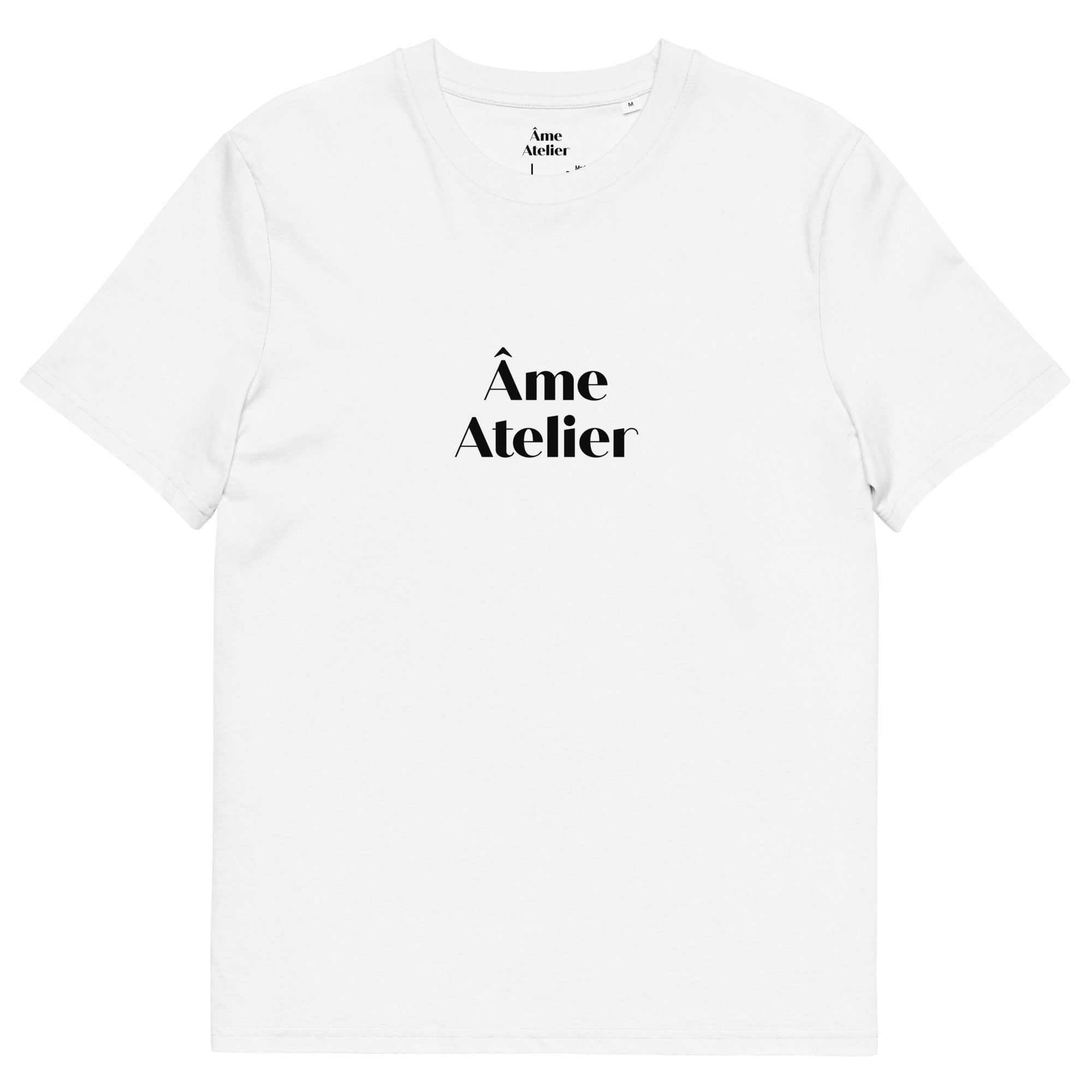 Front view of Âme Atelier signature white t-shirt in organic cotton