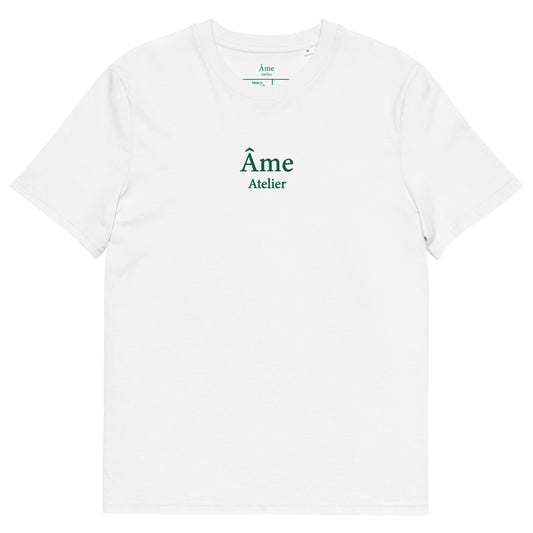 Front view of Âme Atelier embroidered t-shirt in white