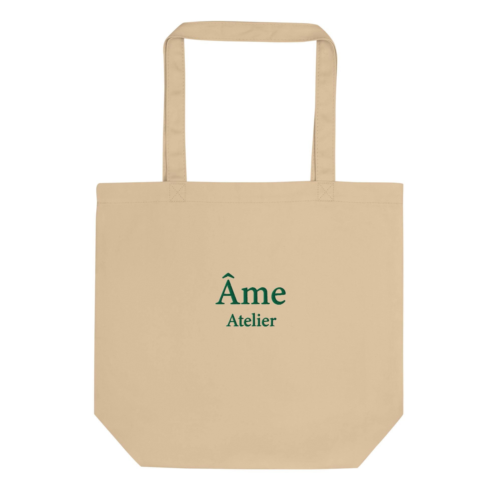 Front view of Âme Atelier embroidered tote bag in beige