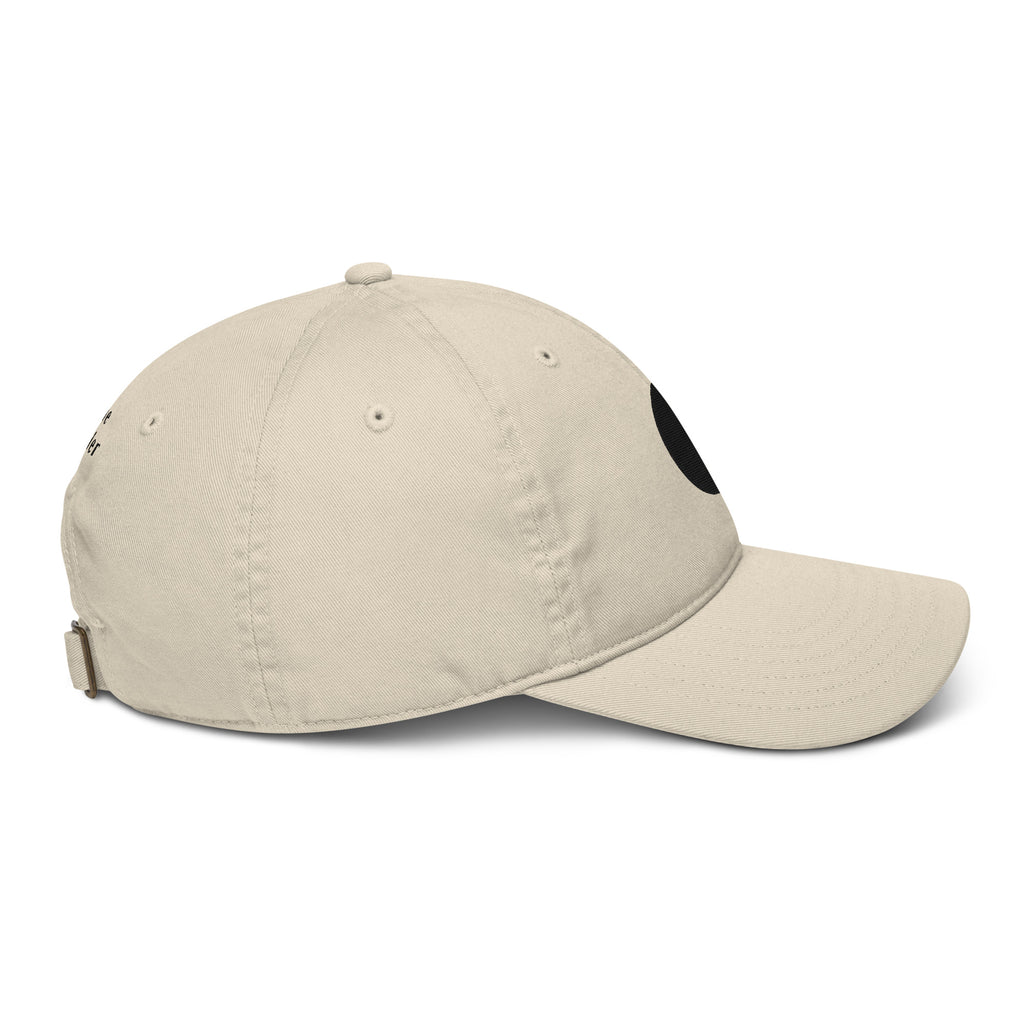 Side view of Black Sun beige cap in organic cotton with an embroidered black sun