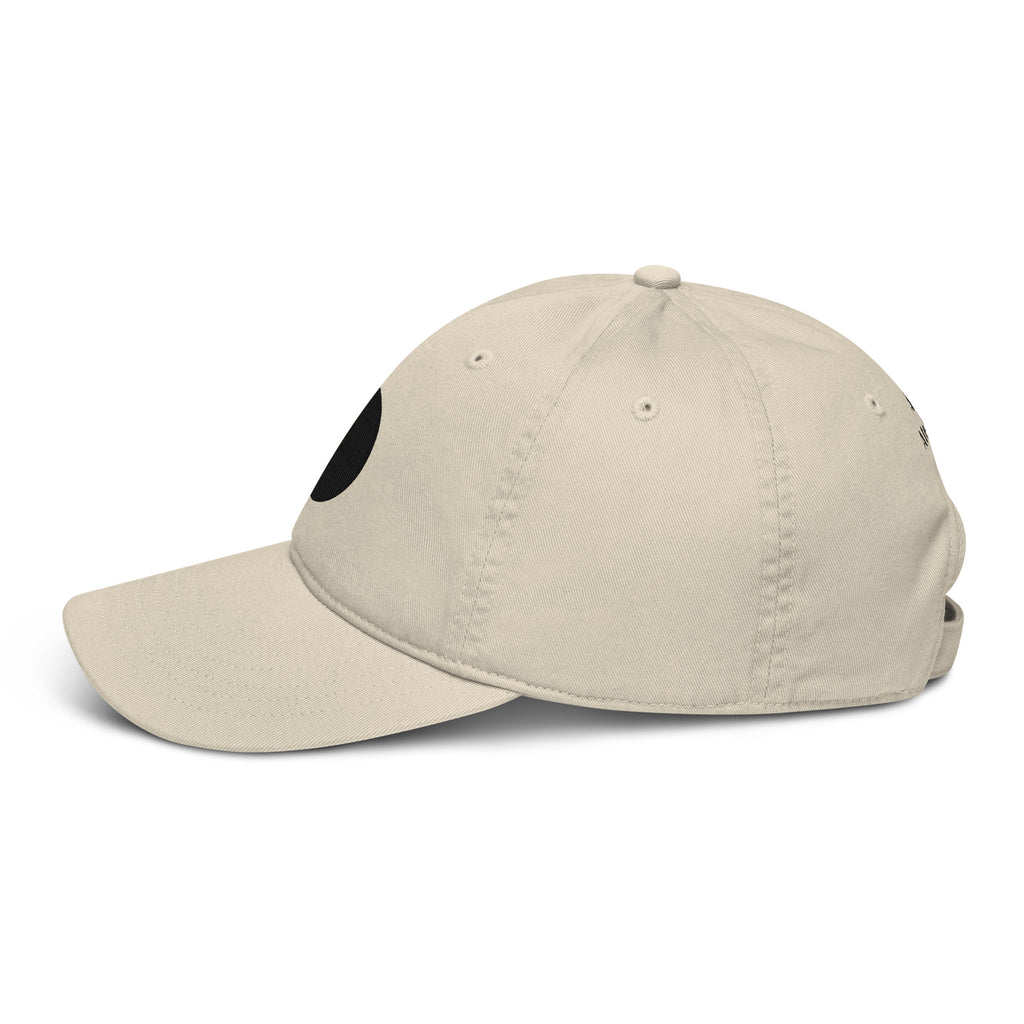 Side view of Black Sun beige cap in organic cotton with an embroidered black sun