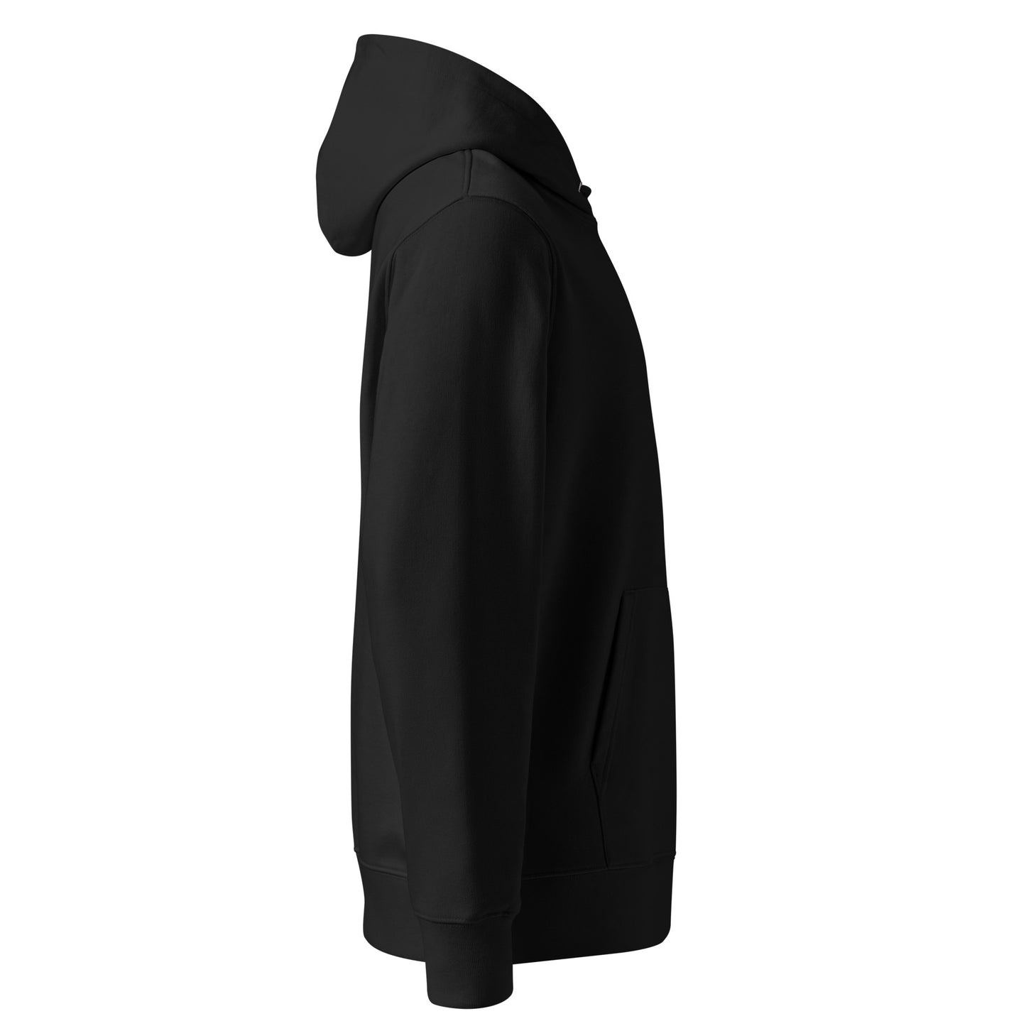 Side view of Dopamine organic cotton hoodie in black with frozen blue print
