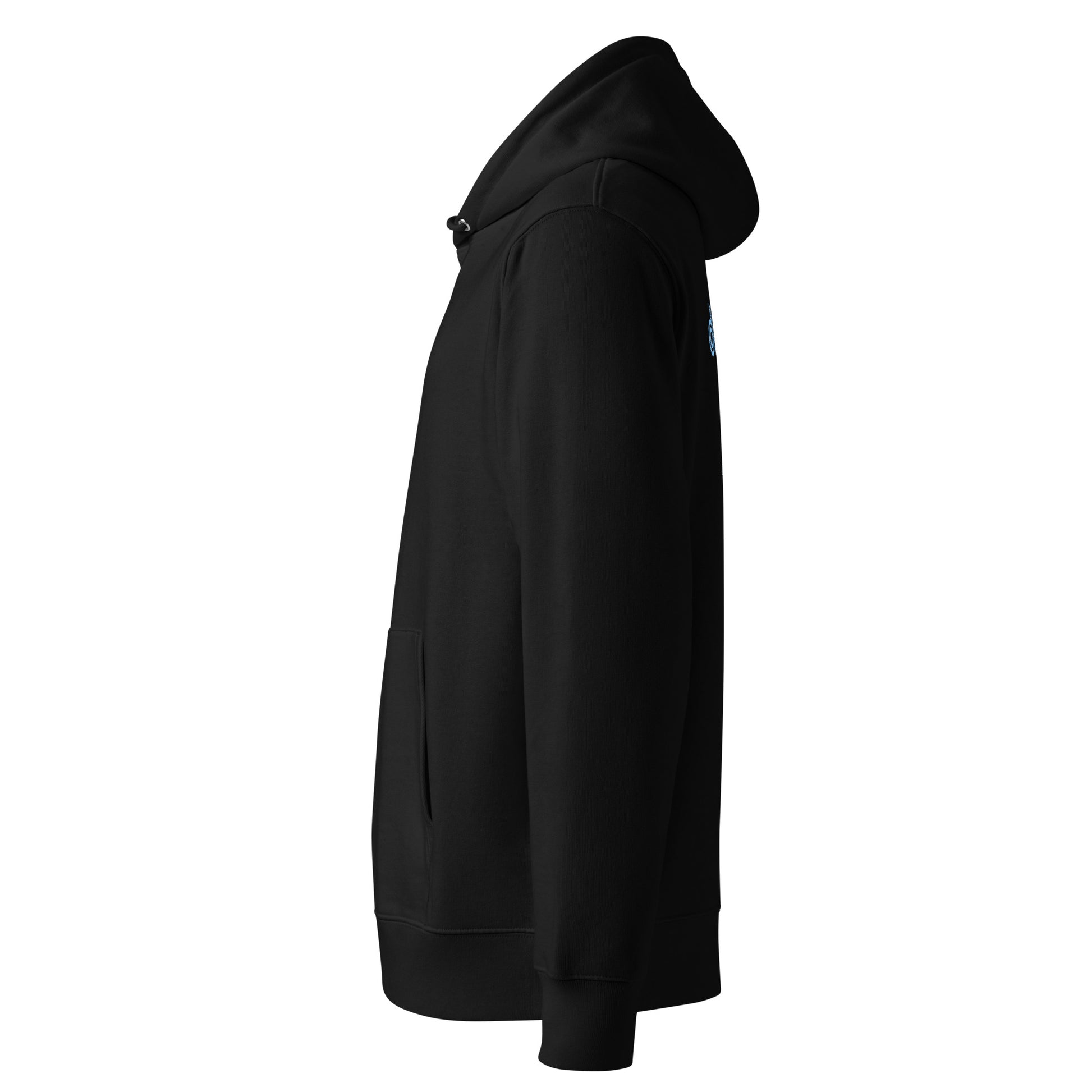Side view of Dopamine organic cotton hoodie in black with frozen blue print