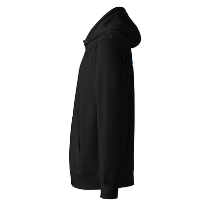 Side view of Dopamine organic cotton hoodie in black with frozen blue print