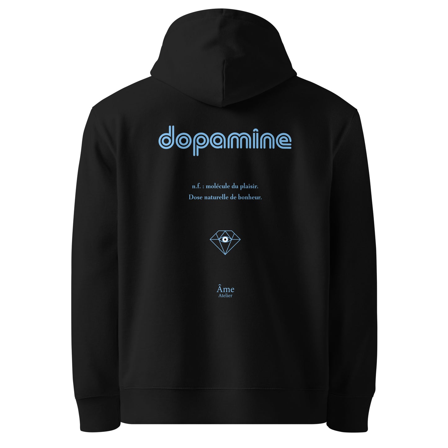 Back view of Dopamine organic cotton hoodie in black with frozen blue print