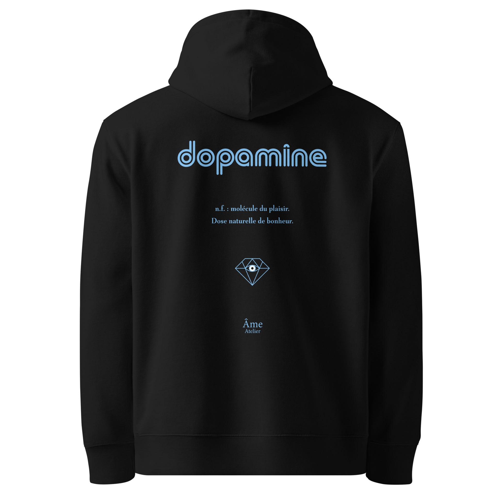 Back view of Dopamine organic cotton hoodie in black with frozen blue print
