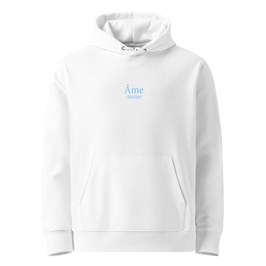 Front view of Dopamine organic cotton hoodie in white with frozen blue print