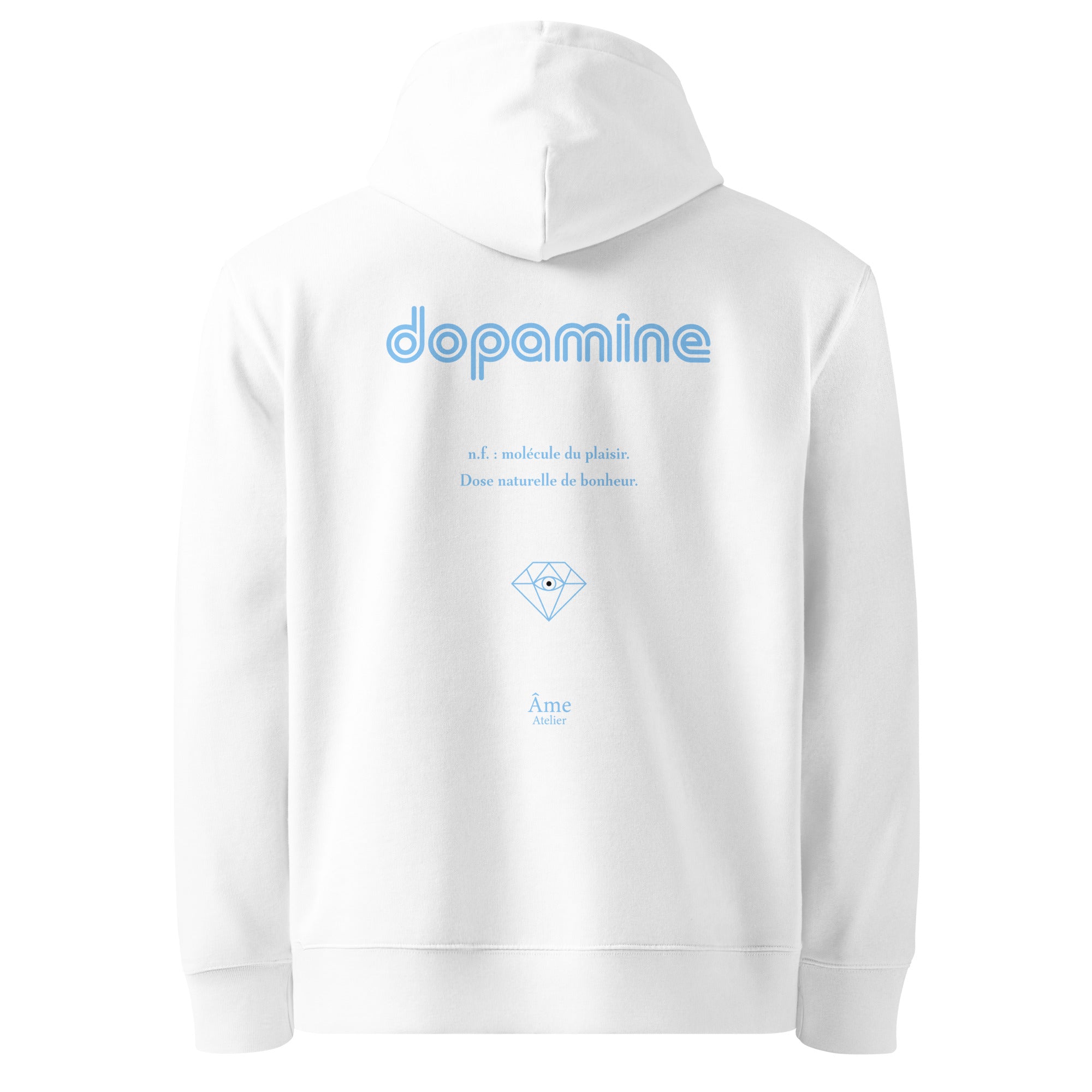 Back view of Dopamine organic cotton hoodie in white with frozen blue print