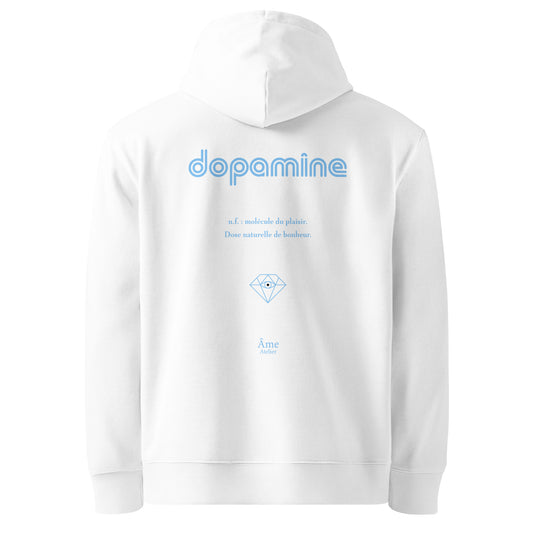 Back view of Dopamine organic cotton hoodie in white with frozen blue print