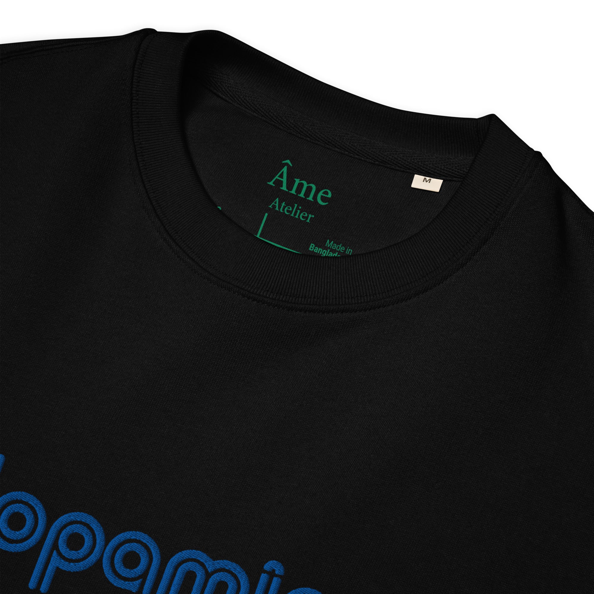 Close up of Dopamine embroidered sweatshirt in black
