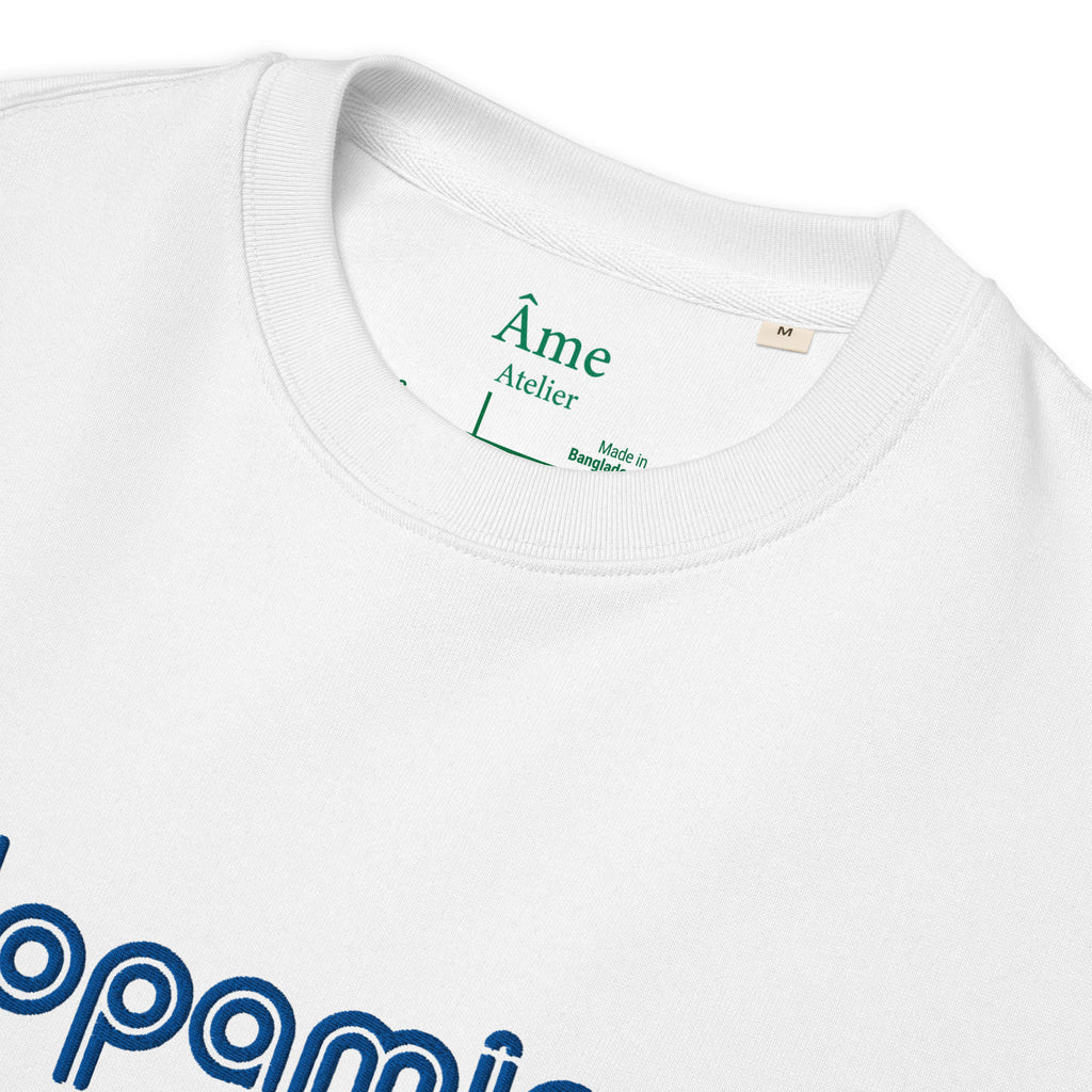 Close up of Dopamine embroidered sweatshirt in white
