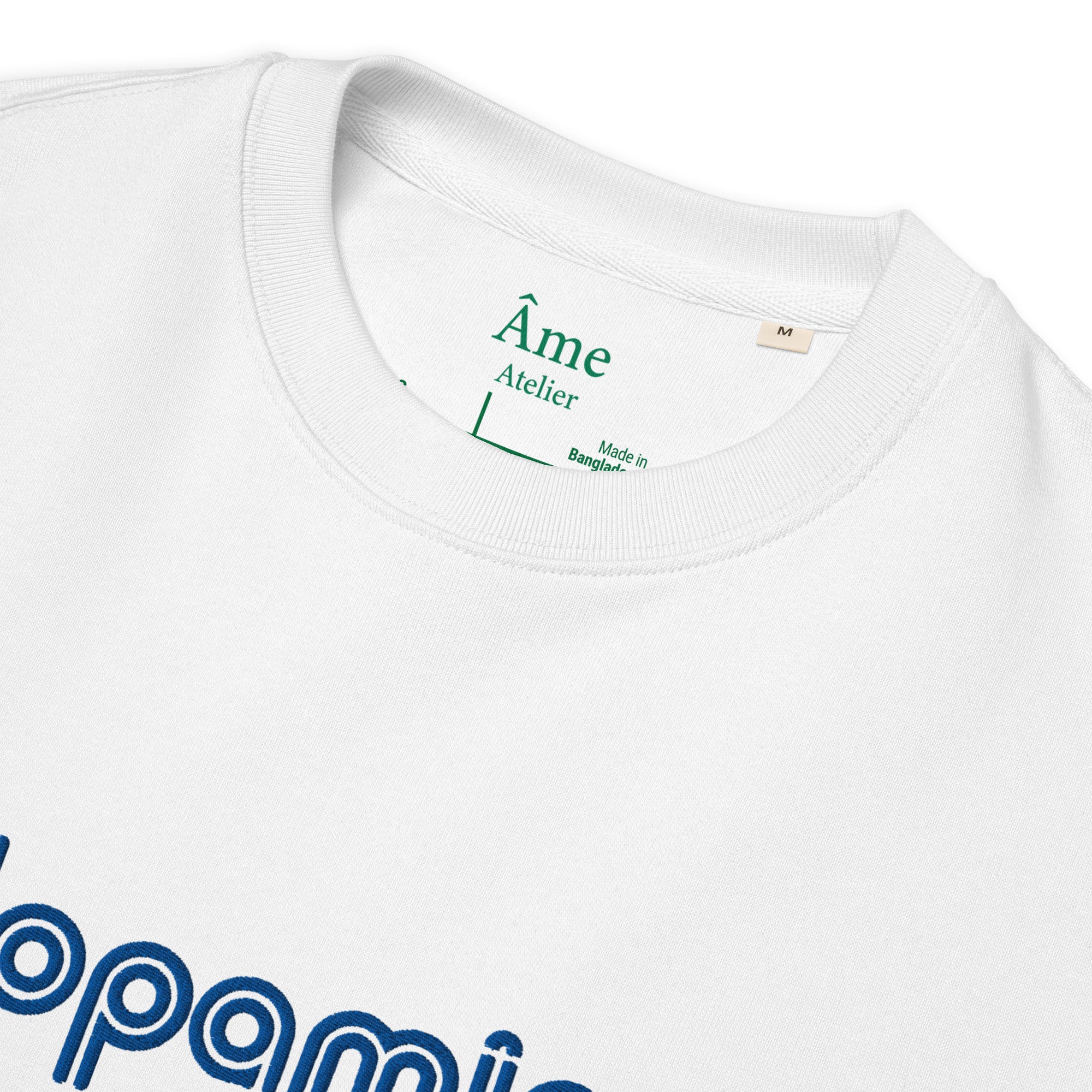 Close up of Dopamine embroidered sweatshirt in white
