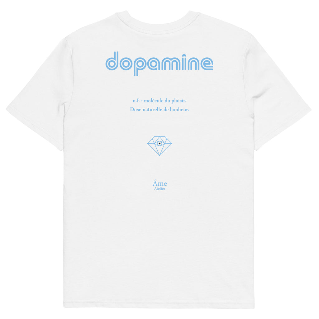 Back view of Dopamine organic cotton t-shirt in white with frozen blue details
