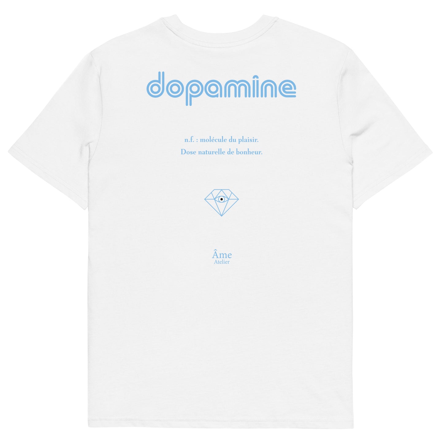 Back view of Dopamine organic cotton t-shirt in white with frozen blue details
