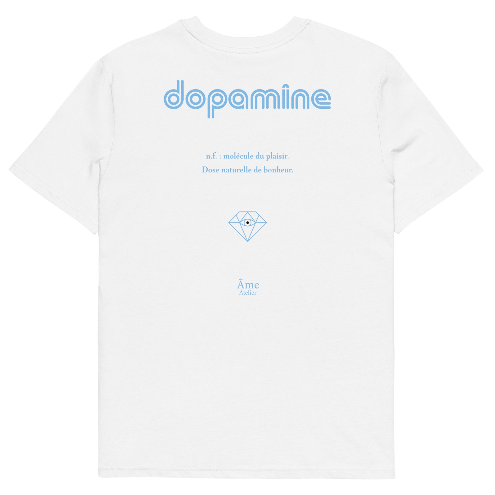 Back view of Dopamine organic cotton t-shirt in white with frozen blue details