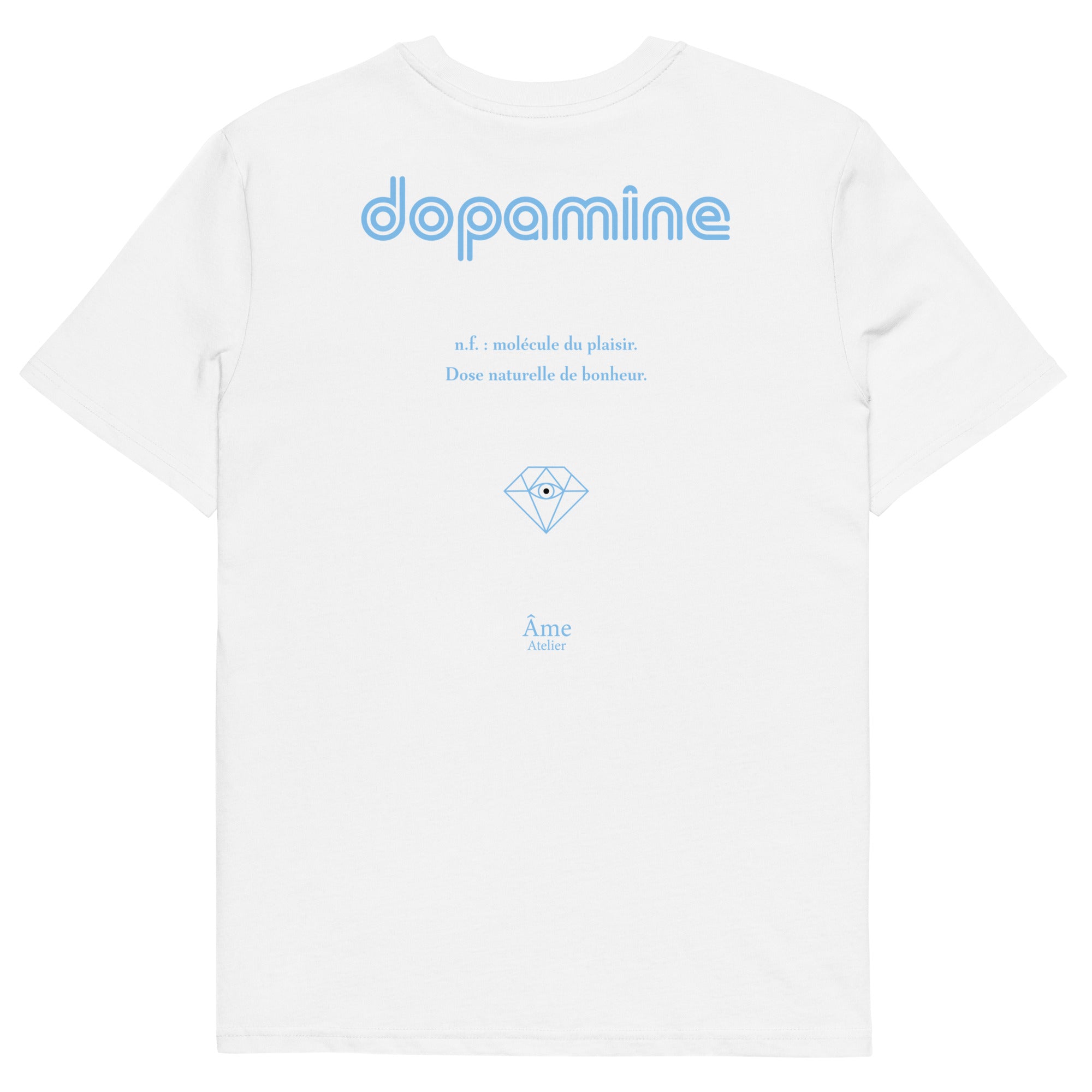 Back view of Dopamine organic cotton t-shirt in white with frozen blue details