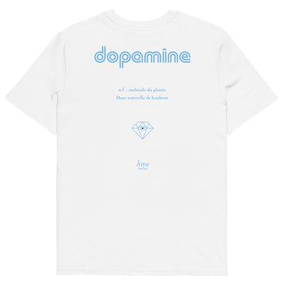 Back view of Dopamine organic cotton t-shirt in white with frozen blue details