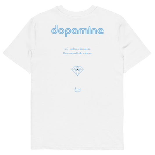 Back view of Dopamine organic cotton t-shirt in white with frozen blue details