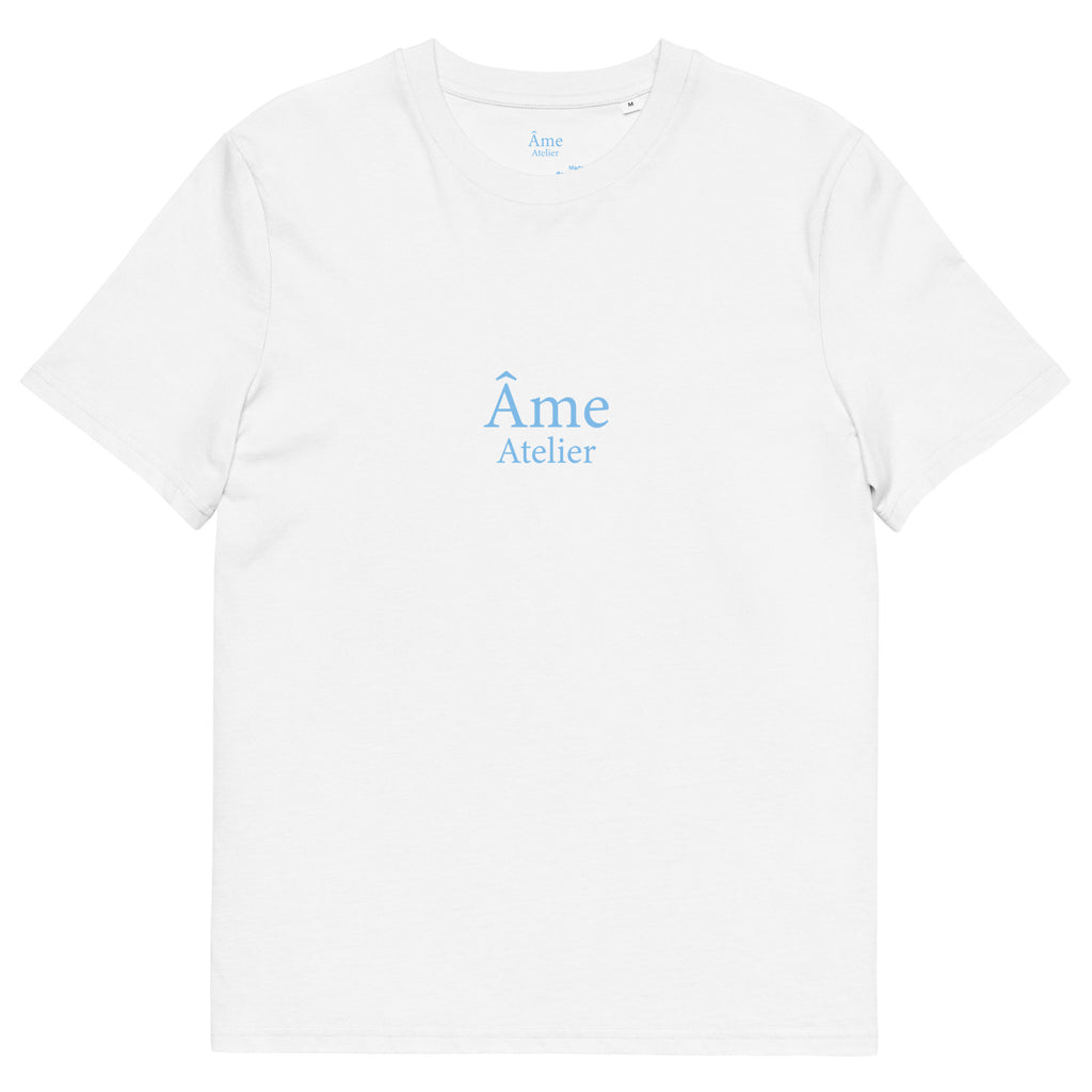 Front view of Dopamine organic cotton t-shirt in white with frozen blue details