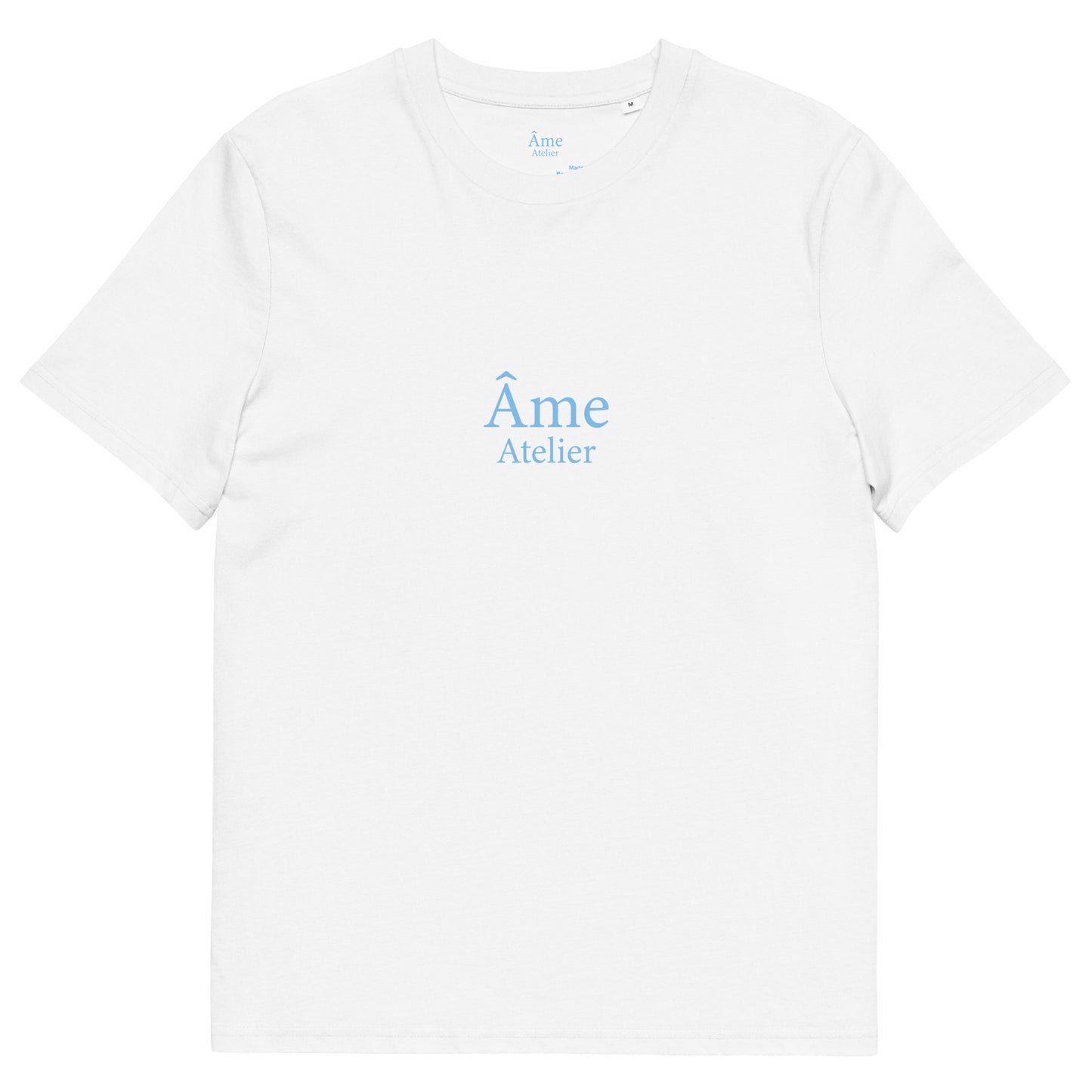 Front view of Dopamine organic cotton t-shirt in white with frozen blue details