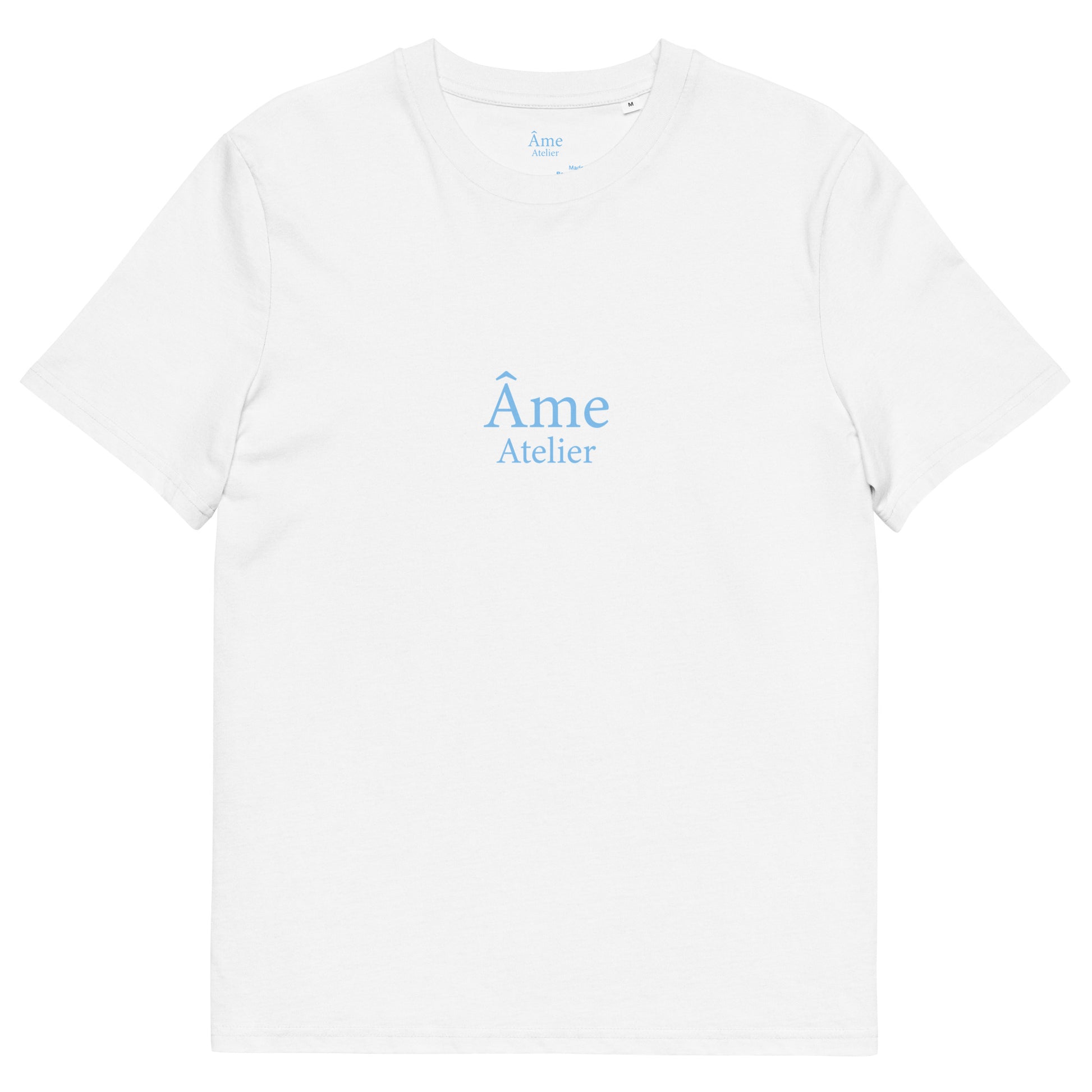 Front view of Dopamine organic cotton t-shirt in white with frozen blue details