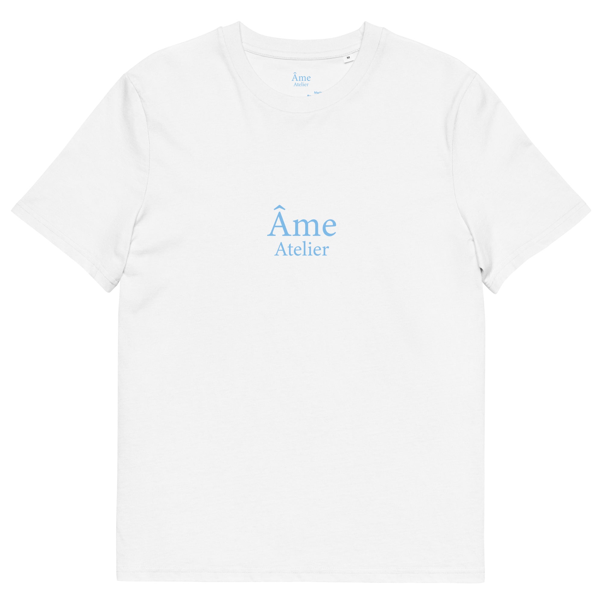 Front view of Dopamine organic cotton t-shirt in white with frozen blue details